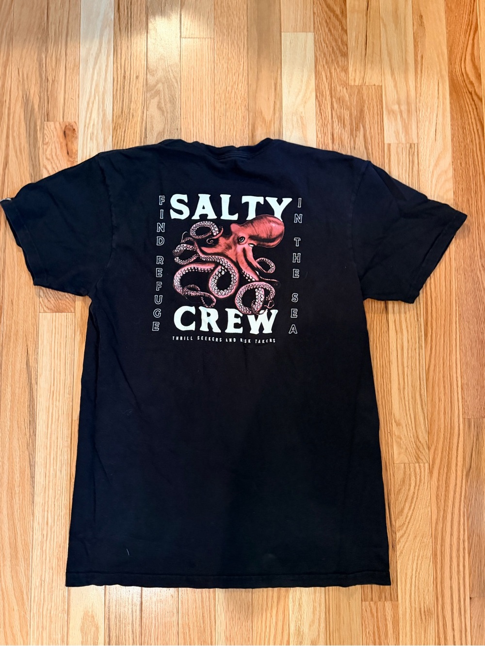 Salty Crew Black Tee with Red Octopus Back Graphic
